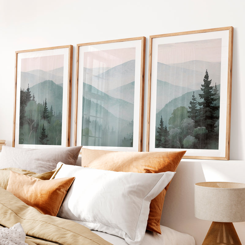 Misty Mountain Japandi Decor- Natural Wood Framed Poster with White Border - Artworksets