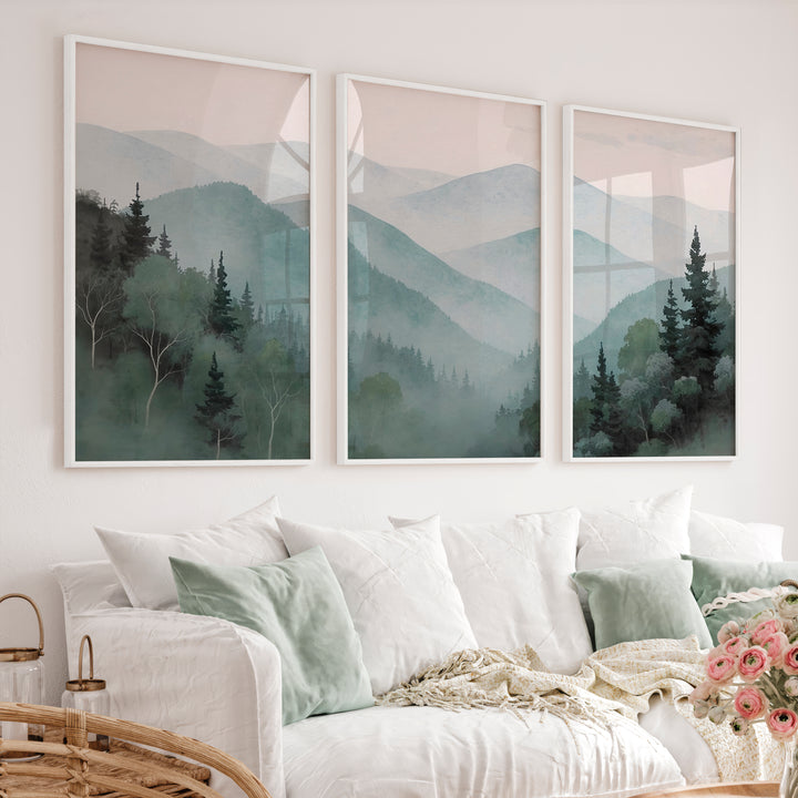 Misty Mountain Japandi Decor - White Framed Poster No Border - Artworksets