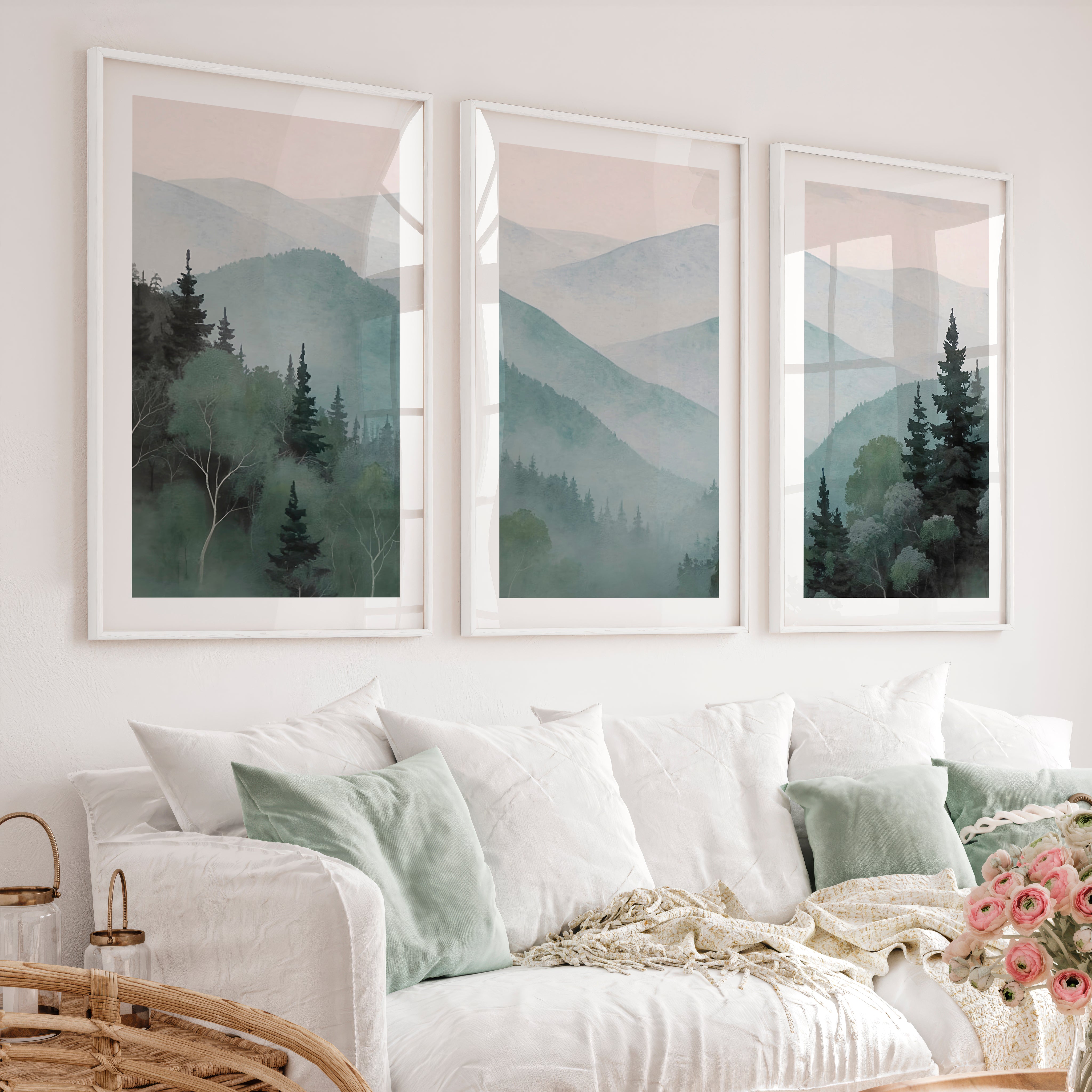 Misty Mountain Japandi Decor - White Framed Poster with White Border - Artworksets