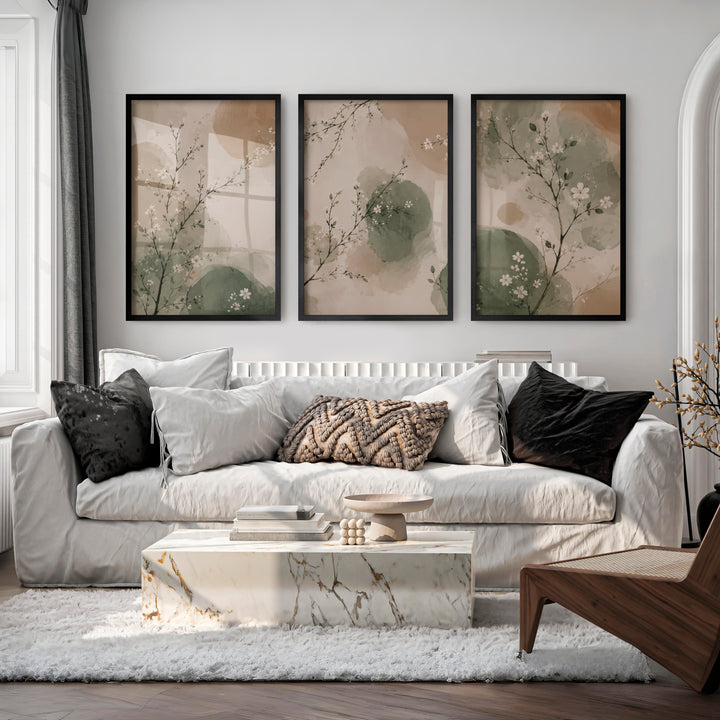 Watercolor Blossom Branches for japandi decor style - Black Framed Poster No Border - Artworksets