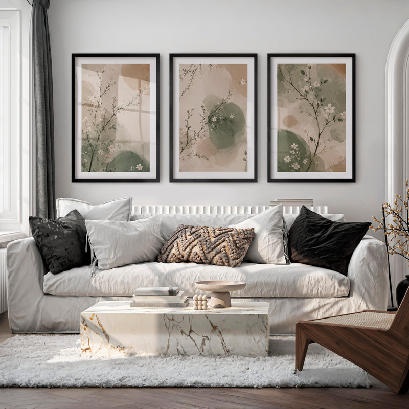 Watercolor Blossom Branches for japandi decor style - Black Framed Poster with White Border - Artworksets