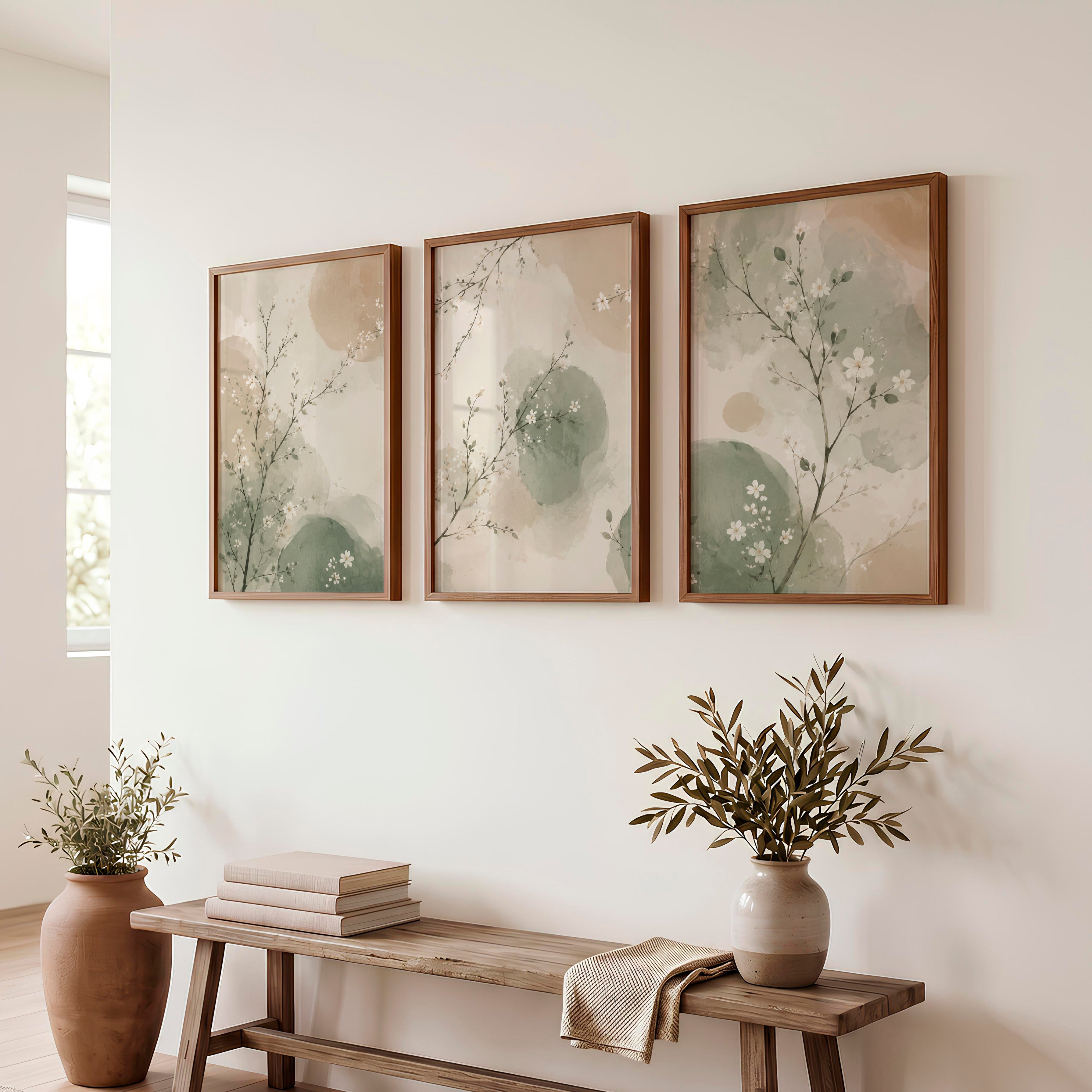 Watercolor Blossom Branches for japandi decor style - Dark Brown Framed Poster No Border - Artworksets