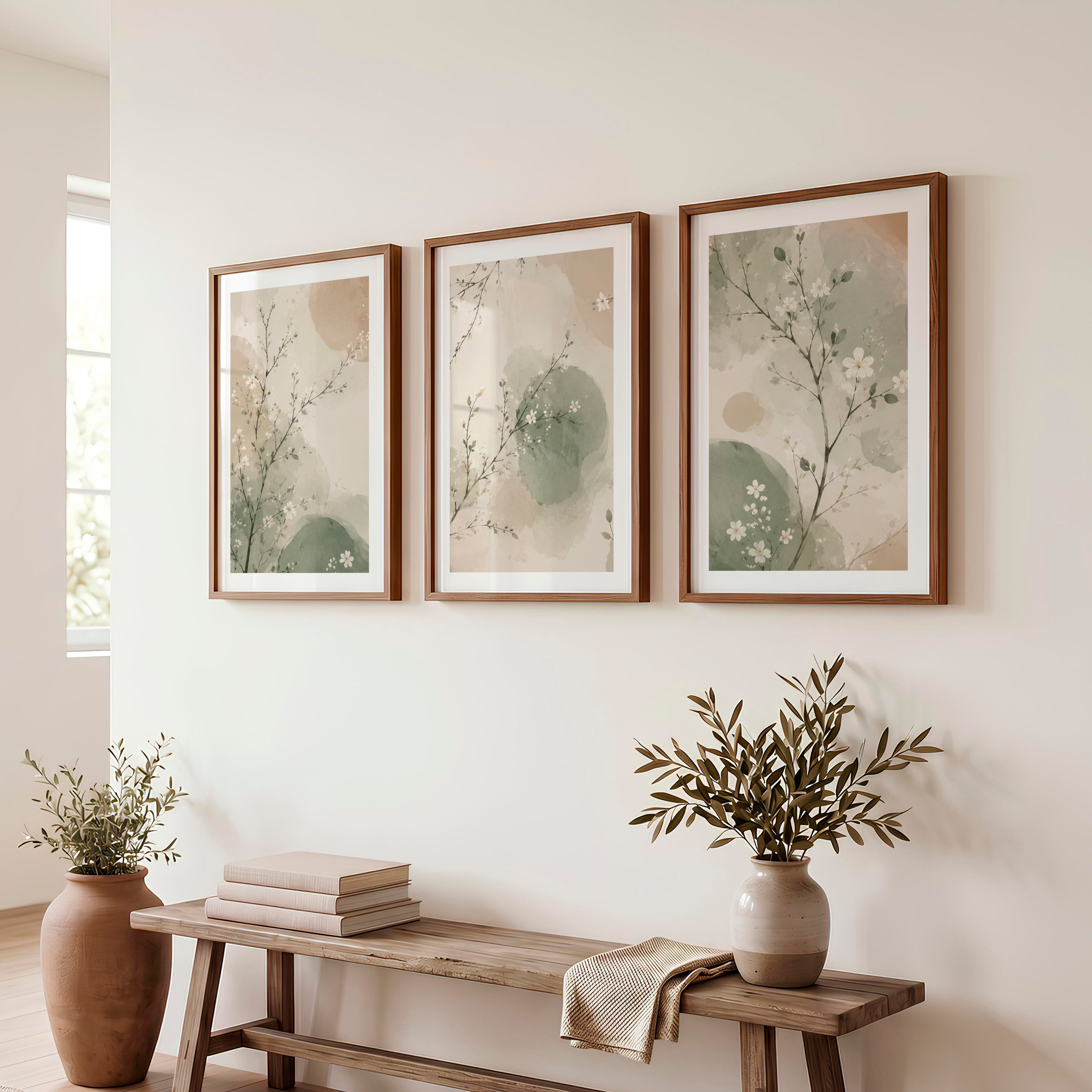 Watercolor Blossom Branches for japandi decor style - Dark Brown Framed Poster with White Border - Artworksets