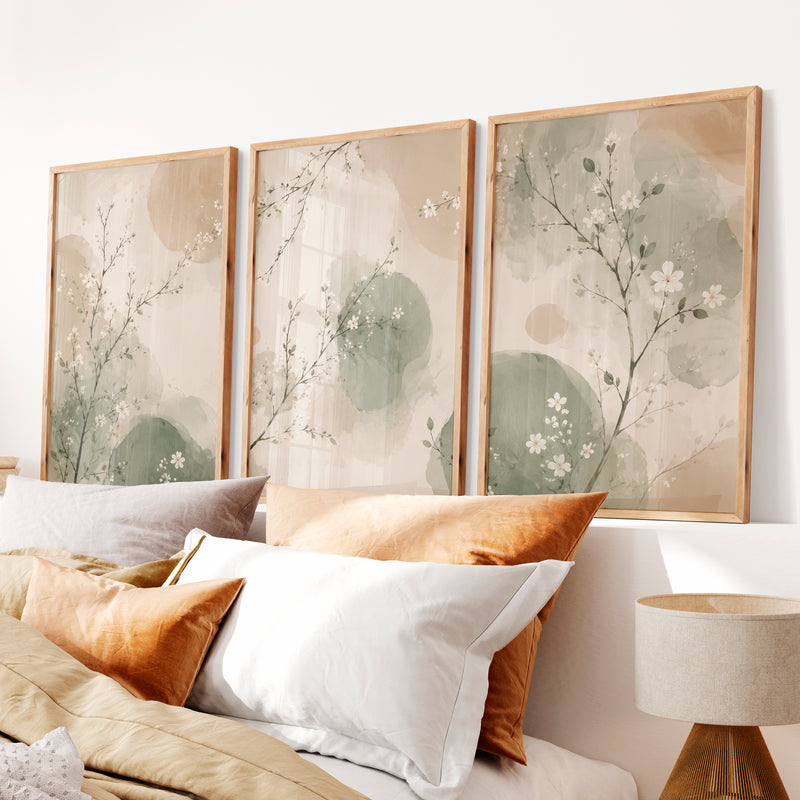 Watercolor Blossom Branches for japandi decor style - Natural Wood Framed Poster No Border - Artworksets
