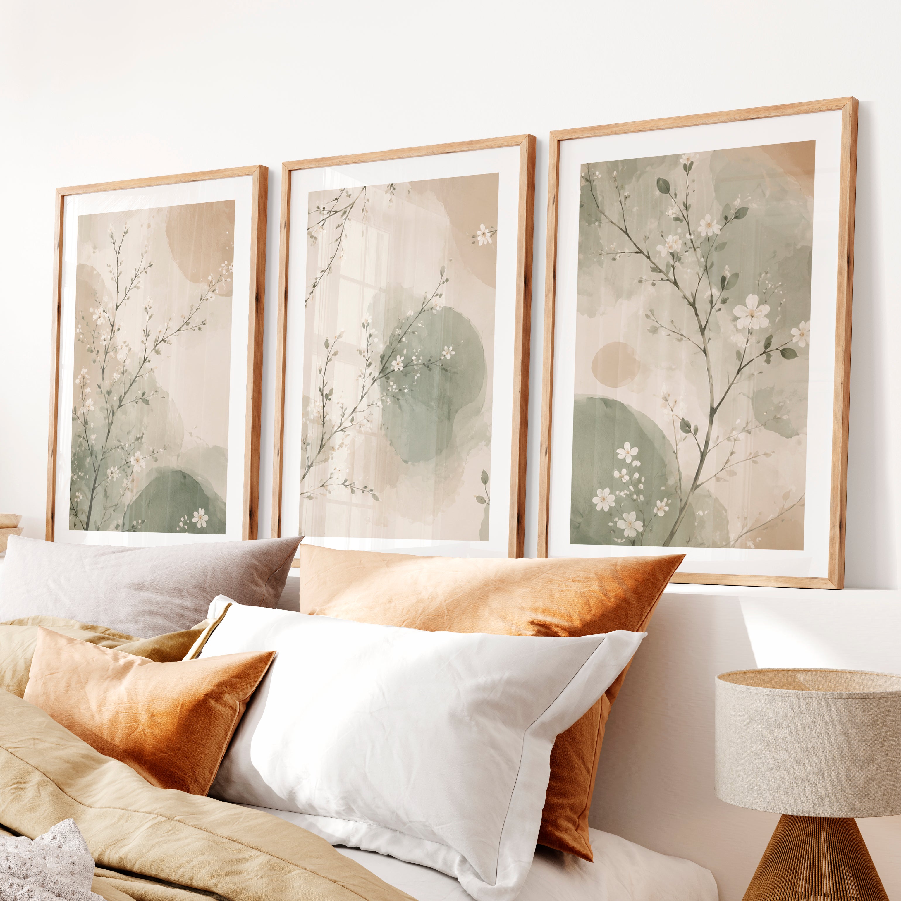Watercolor Blossom Branches for japandi decor style- Natural Wood Framed Poster with White Border - Artworksets
