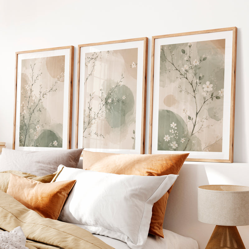 Watercolor Blossom Branches for japandi decor style- Natural Wood Framed Poster with White Border - Artworksets