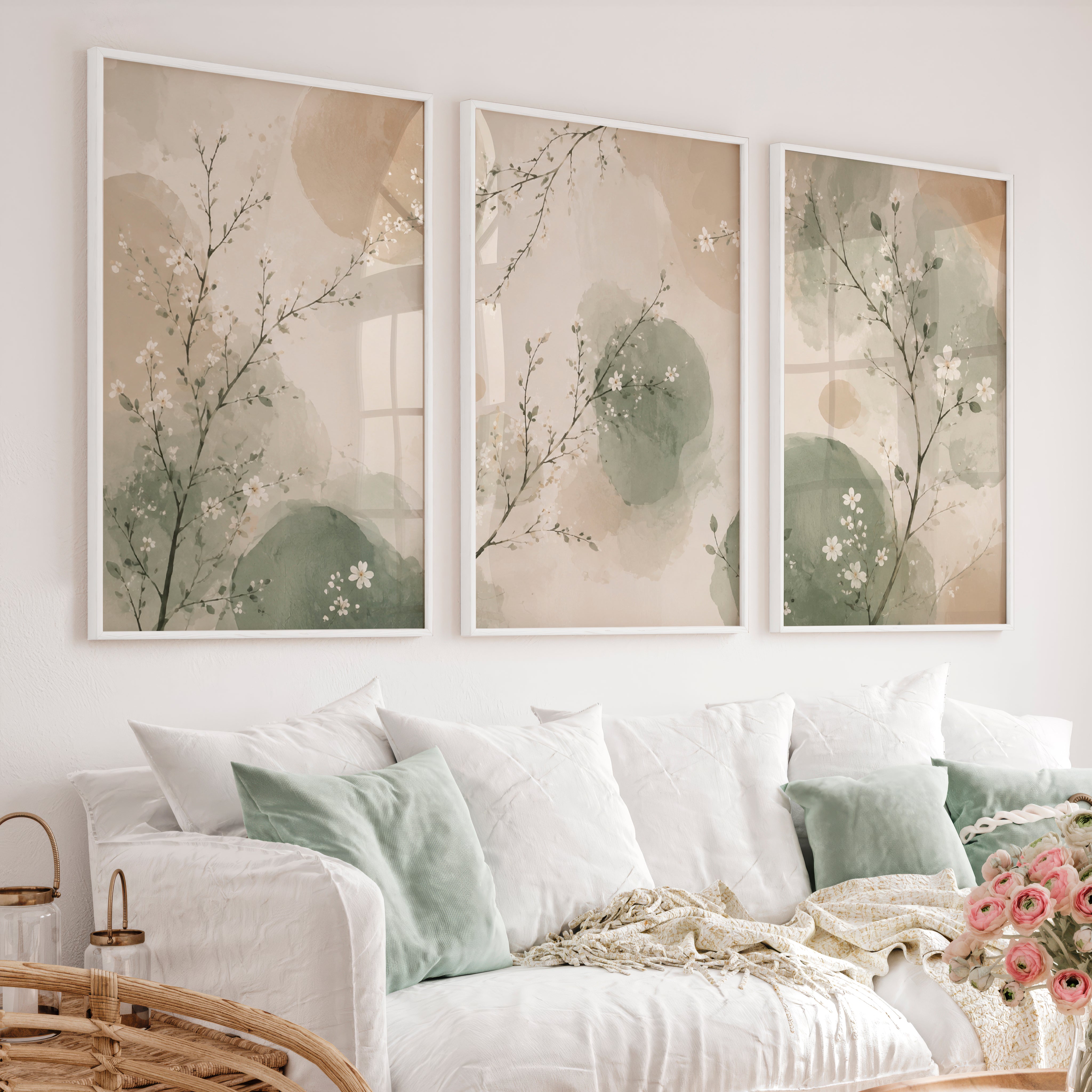 Watercolor Blossom Branches for japandi decor style - White Framed Poster No Border - Artworksets