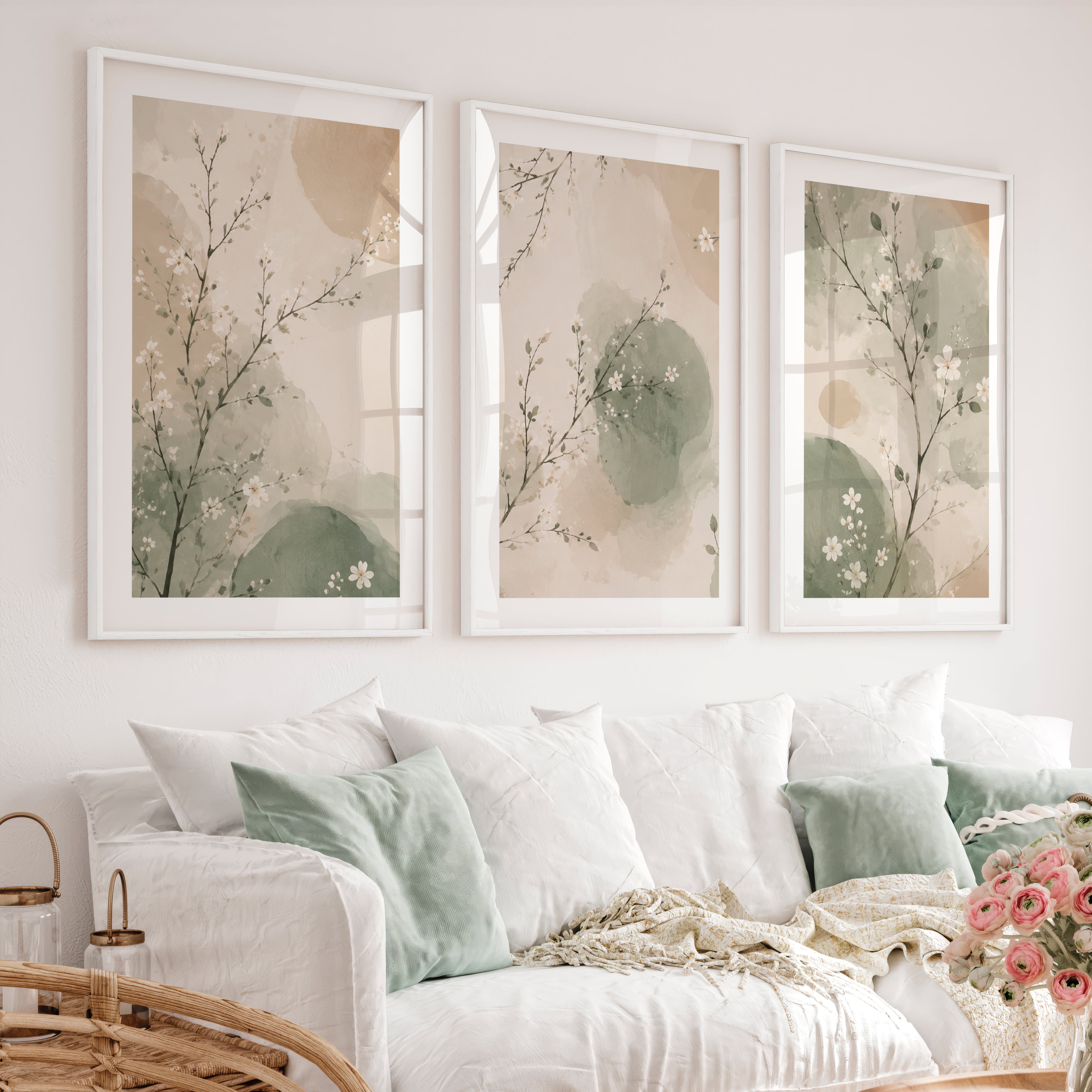 Watercolor Blossom Branches for japandi decor style - White Framed Poster with White Border - Artworksets