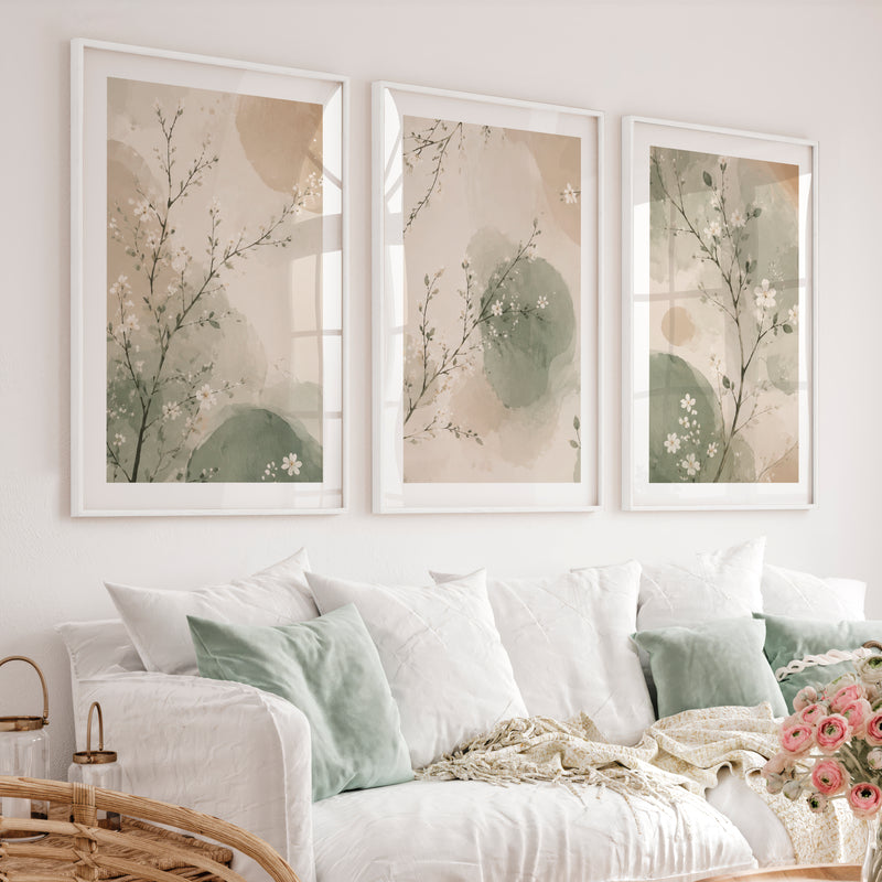 Watercolor Blossom Branches for japandi decor style - White Framed Poster with White Border - Artworksets