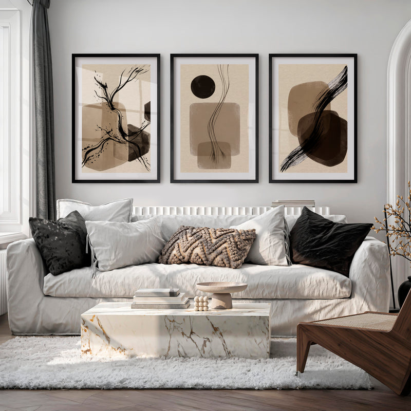 Brushstroke Forms japandi decor style Wall Art - Black Framed Poster with White Border - Artworksets
