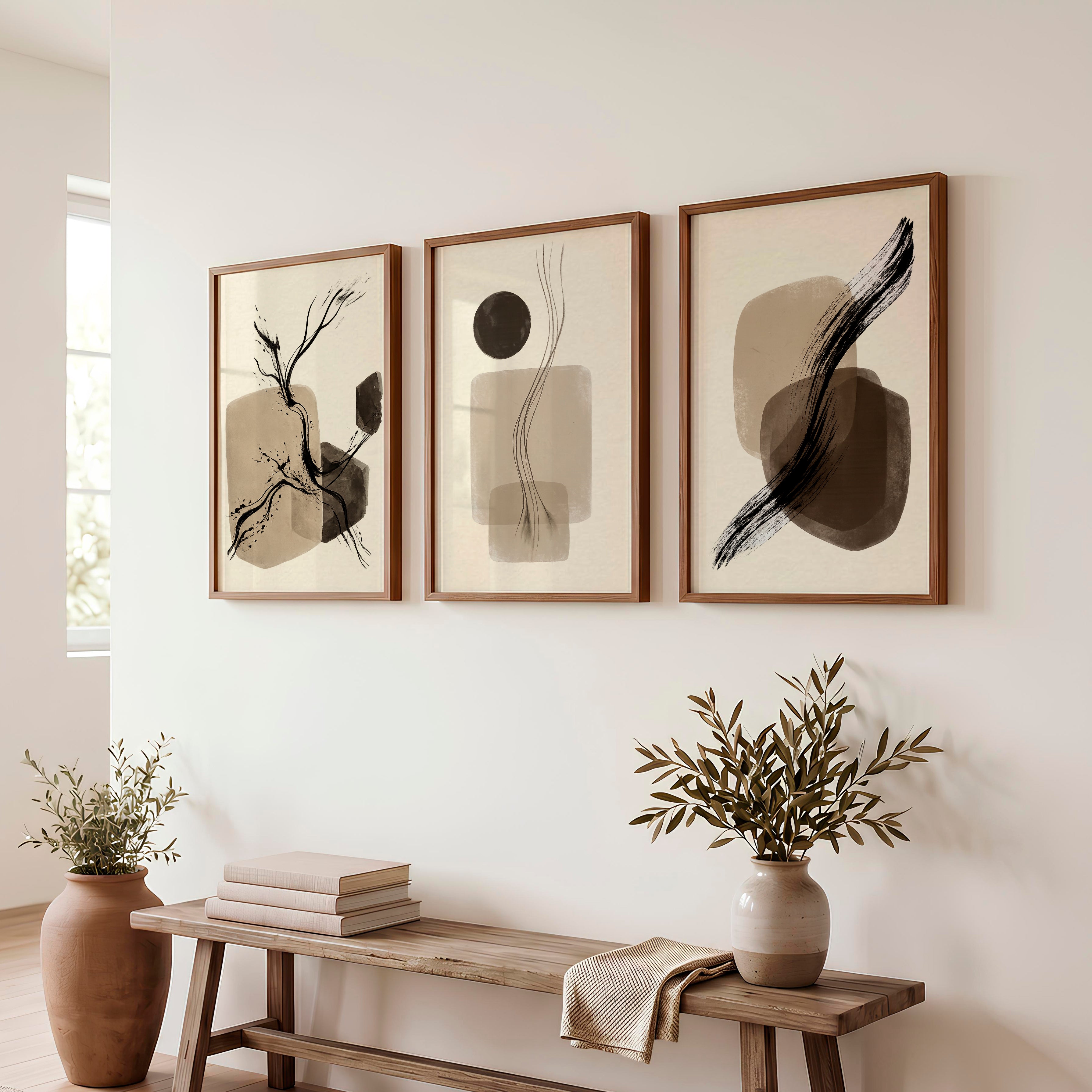 Brushstroke Forms japandi decor style Wall Art - Dark Brown Framed Poster No Border - Artworksets