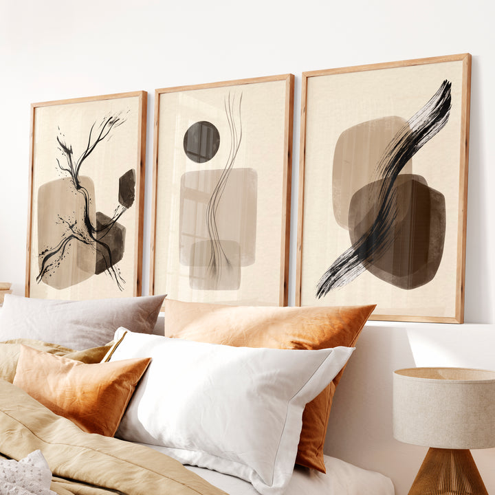 Brushstroke Forms japandi decor style Wall Art - Natural Wood Framed Poster No Border - Artworksets