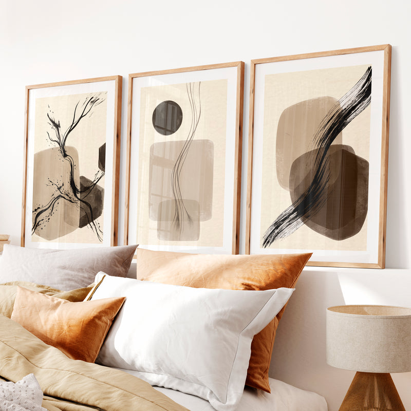Brushstroke Forms japandi decor style Wall Art- Natural Wood Framed Poster with White Border - Artworksets