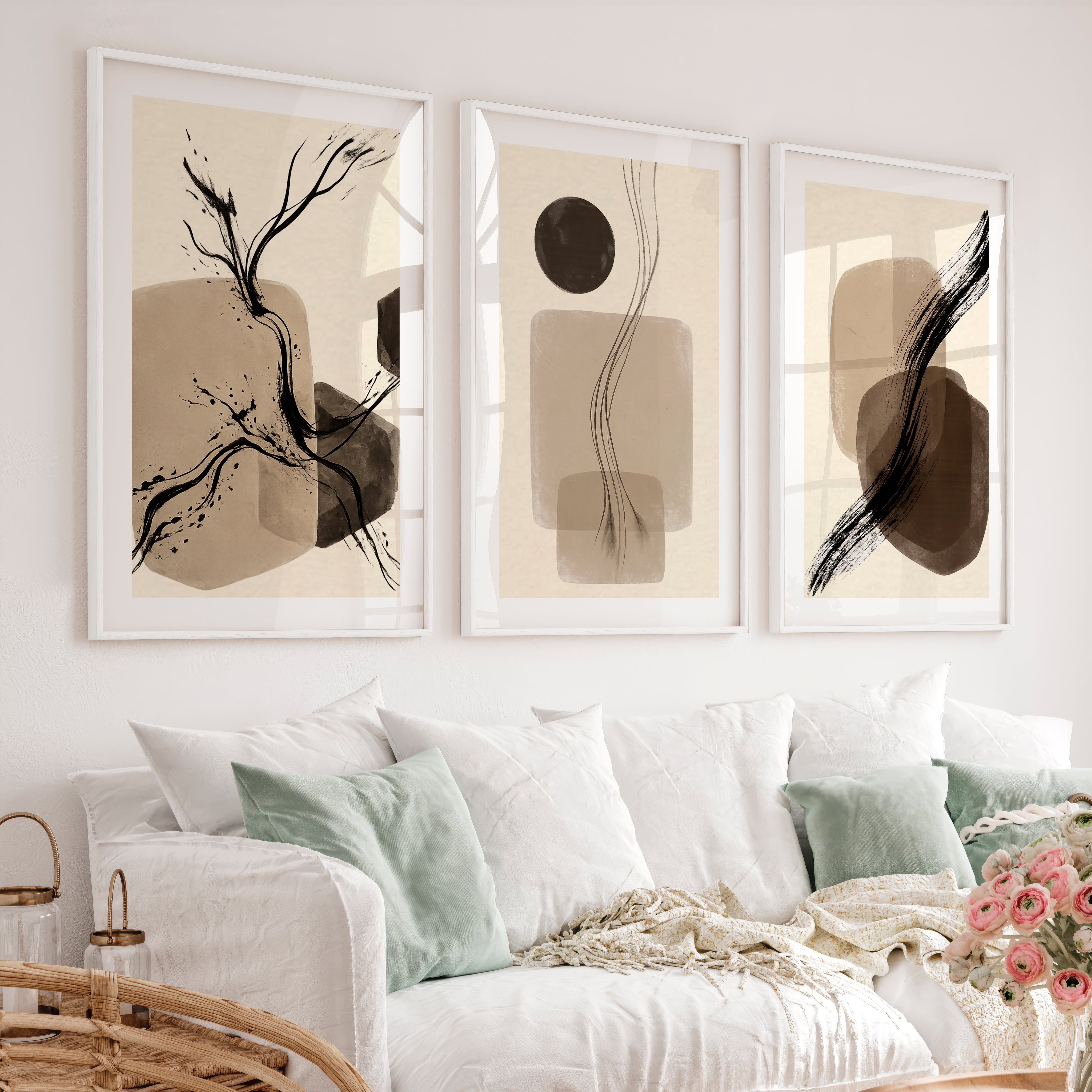 Brushstroke Forms japandi decor style Wall Art - White Framed Poster with White Border - Artworksets