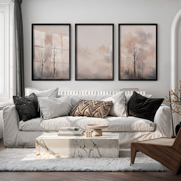 Misty Forest Landscape in Japandi Decor Style - Black Framed Poster No Border - Artworksets