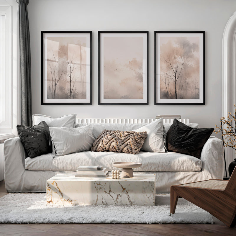 Misty Forest Landscape in Japandi Decor Style - Black Framed Poster with White Border - Artworksets