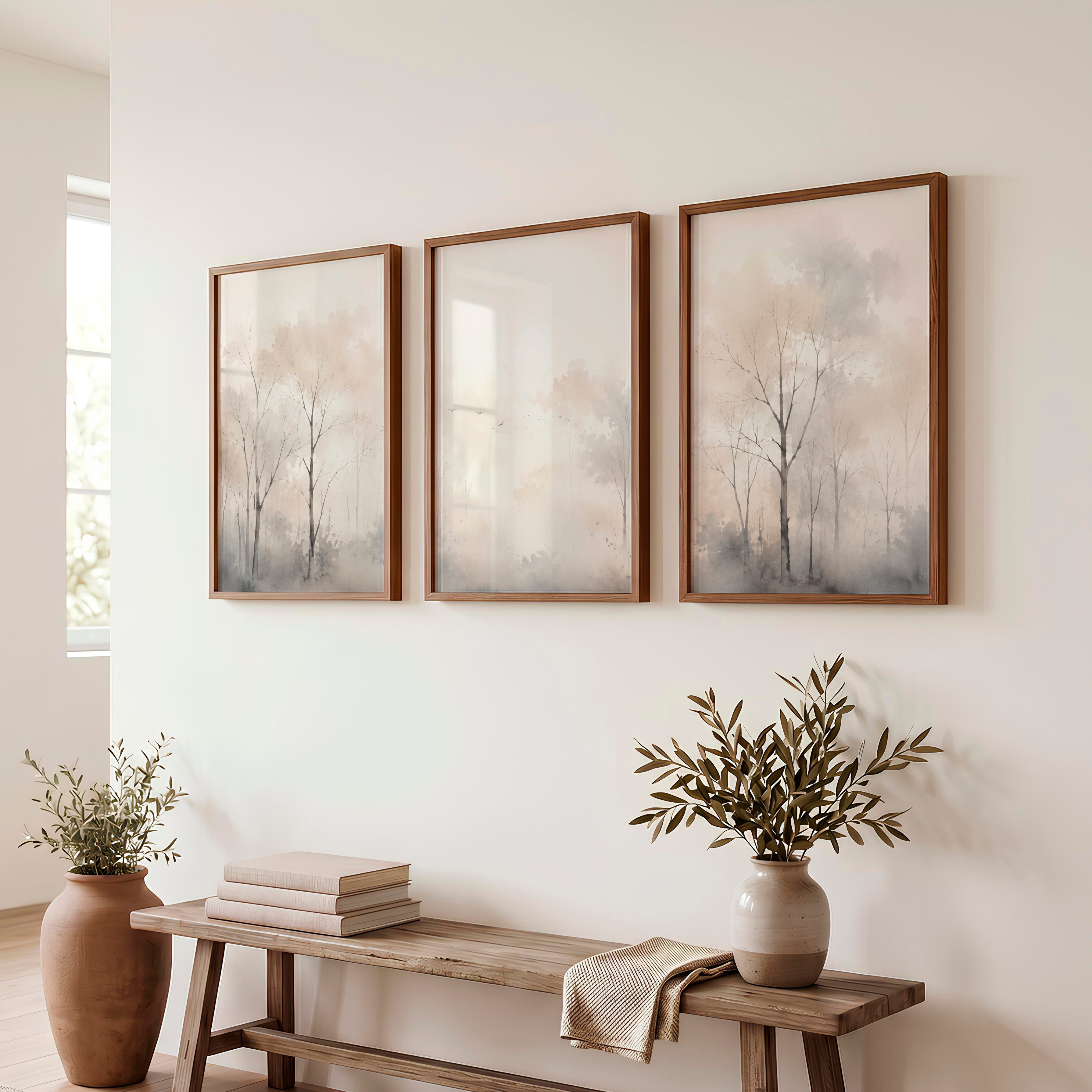 Misty Forest Landscape in Japandi Decor Style - Dark Brown Framed Poster No Border - Artworksets