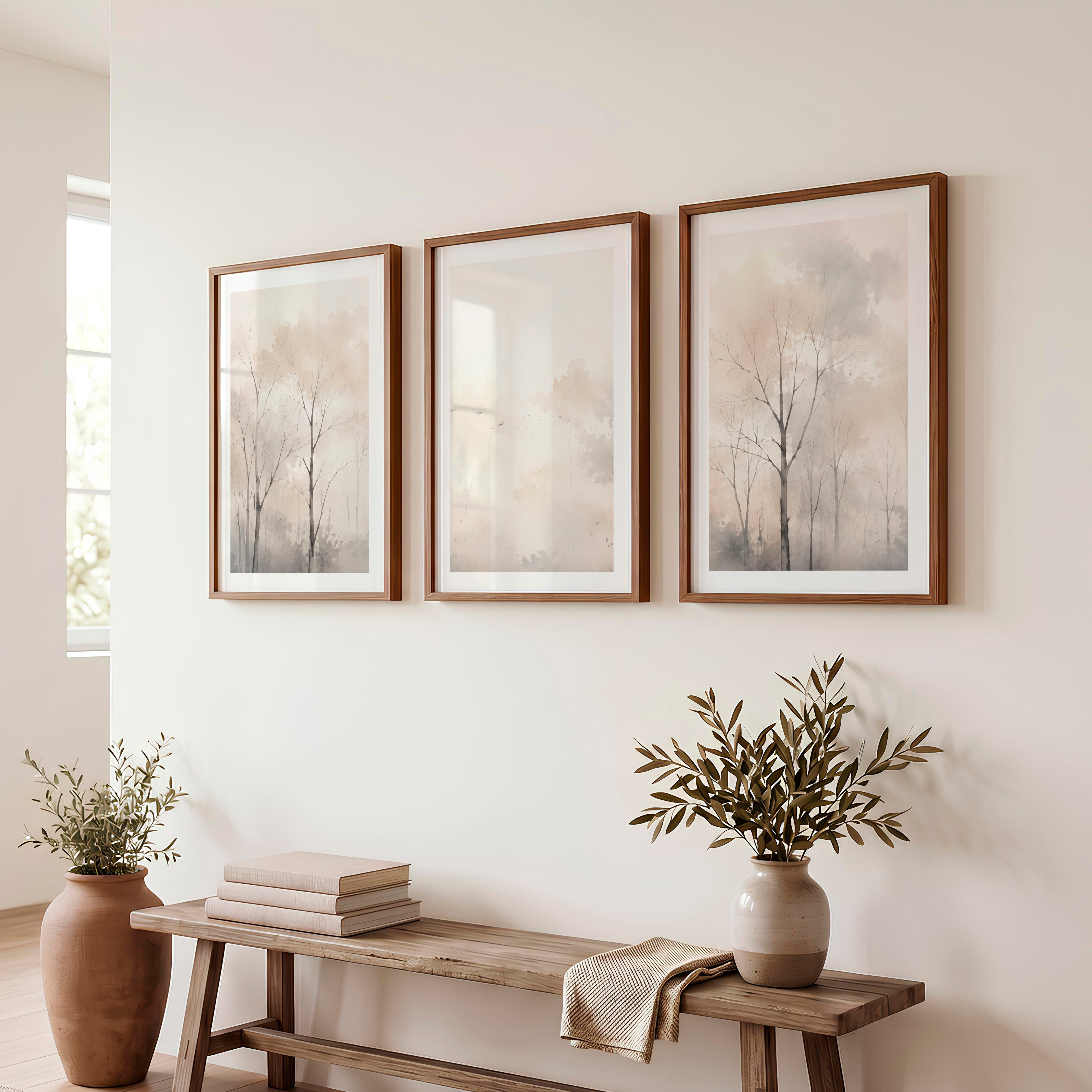 Misty Forest Landscape in Japandi Decor Style - Dark Brown Framed Poster with White Border - Artworksets