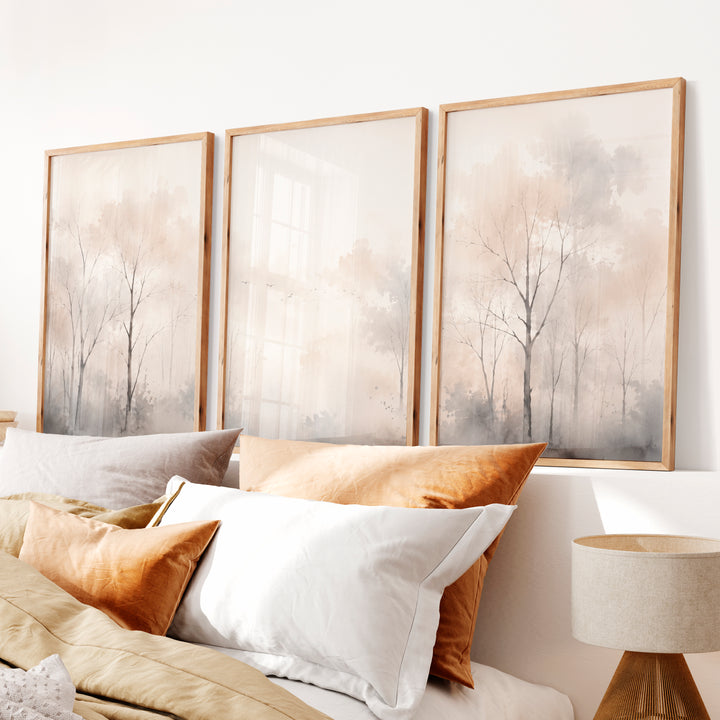 Misty Forest Landscape in Japandi Decor Style - Natural Wood Framed Poster No Border - Artworksets