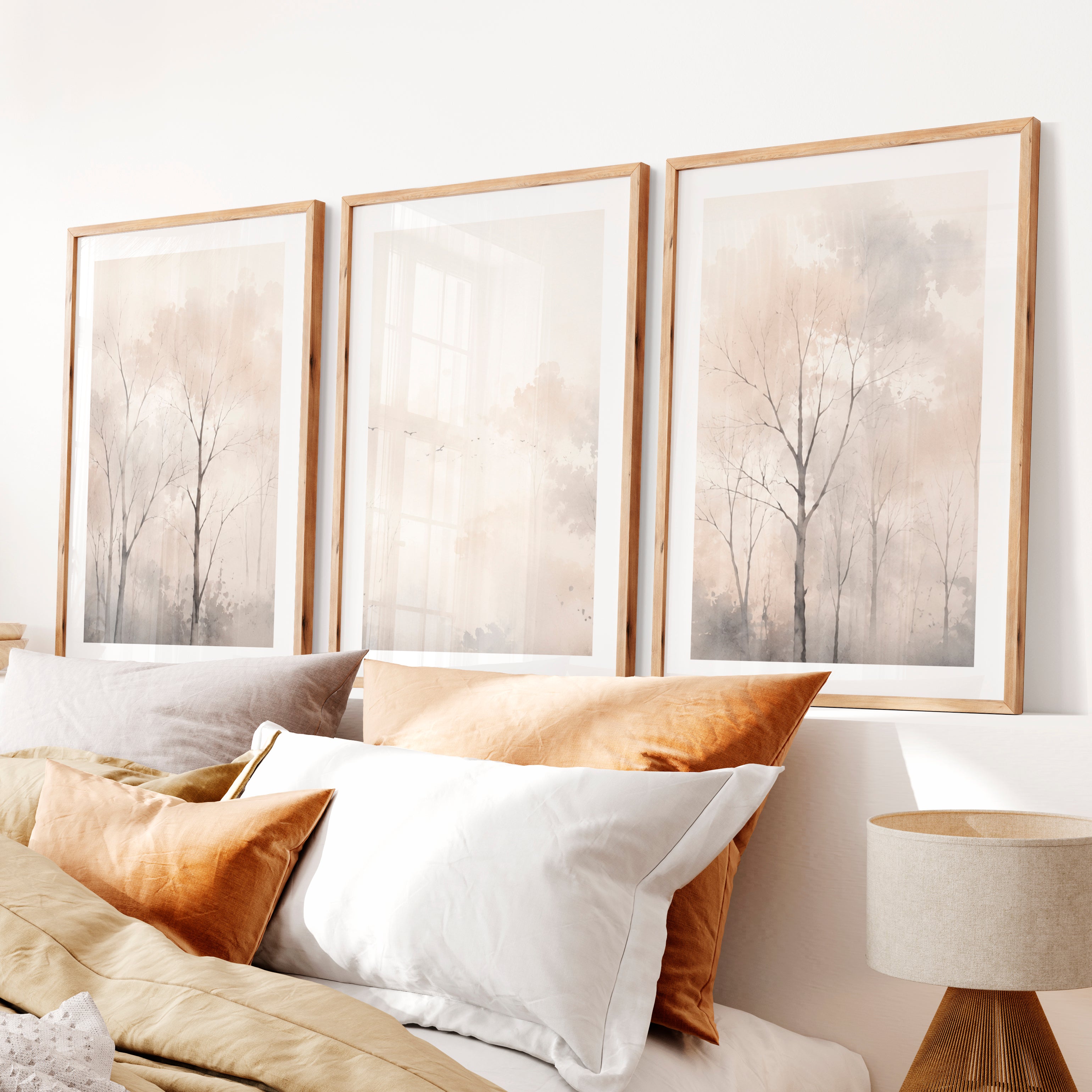 Misty Forest Landscape in Japandi Decor Style- Natural Wood Framed Poster with White Border - Artworksets