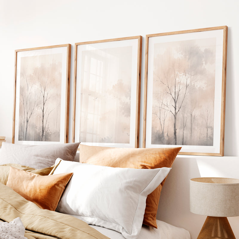Misty Forest Landscape in Japandi Decor Style- Natural Wood Framed Poster with White Border - Artworksets