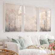 Misty Forest Landscape in Japandi Decor Style - White Framed Poster No Border - Artworksets