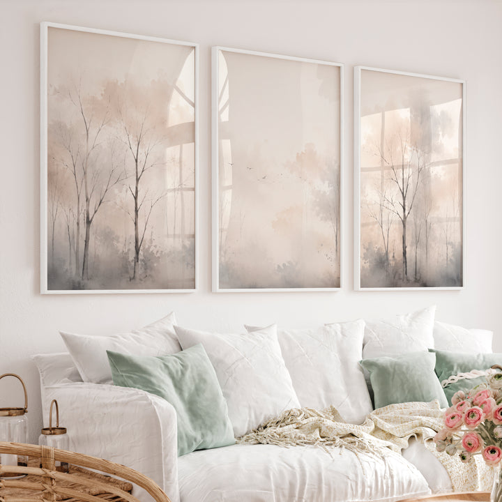 Misty Forest Landscape in Japandi Decor Style - White Framed Poster No Border - Artworksets