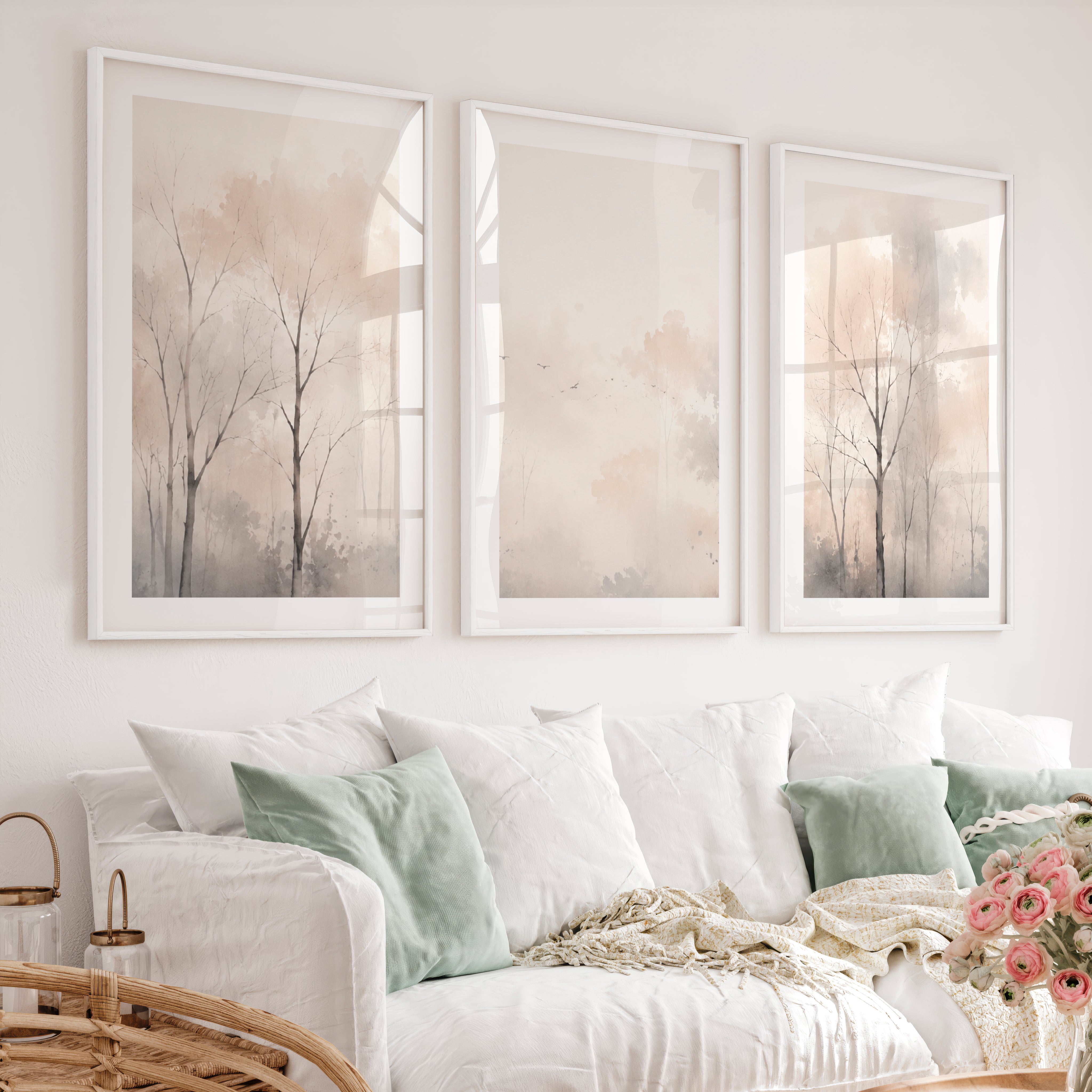 Misty Forest Landscape in Japandi Decor Style - White Framed Poster with White Border - Artworksets