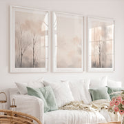 Misty Forest Landscape in Japandi Decor Style - White Framed Poster with White Border - Artworksets