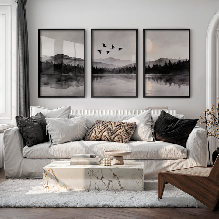 Moonlit Mountain Lake in Japandi Decor Style - Black Framed Poster No Border - Artworksets