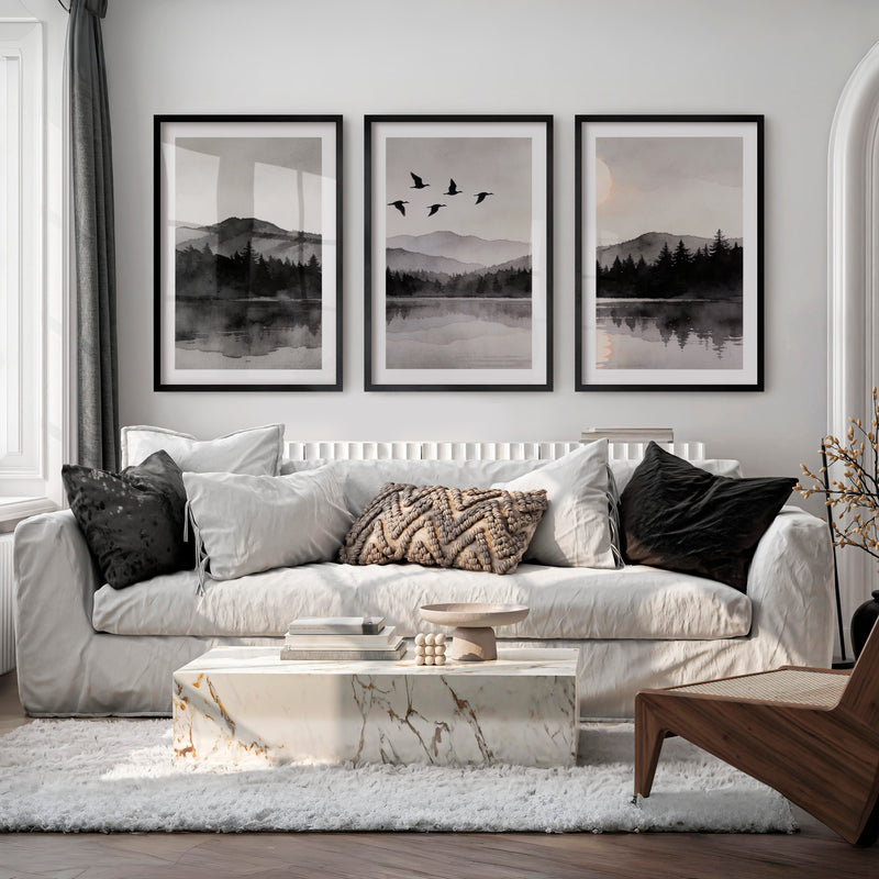 Moonlit Mountain Lake in Japandi Decor Style - Black Framed Poster with White Border - Artworksets