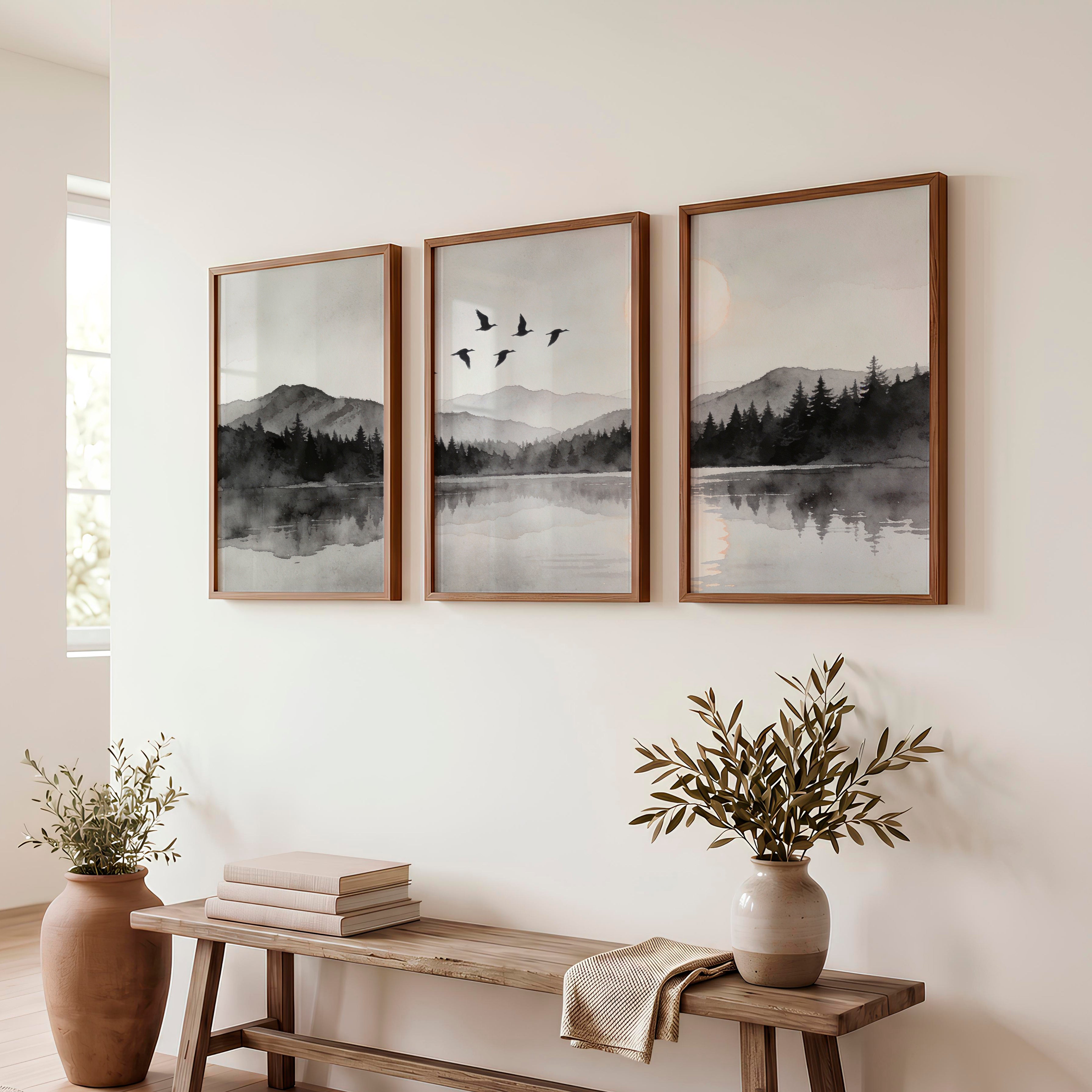 Moonlit Mountain Lake in Japandi Decor Style - Dark Brown Framed Poster No Border - Artworksets