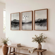 Moonlit Mountain Lake in Japandi Decor Style - Dark Brown Framed Poster No Border - Artworksets