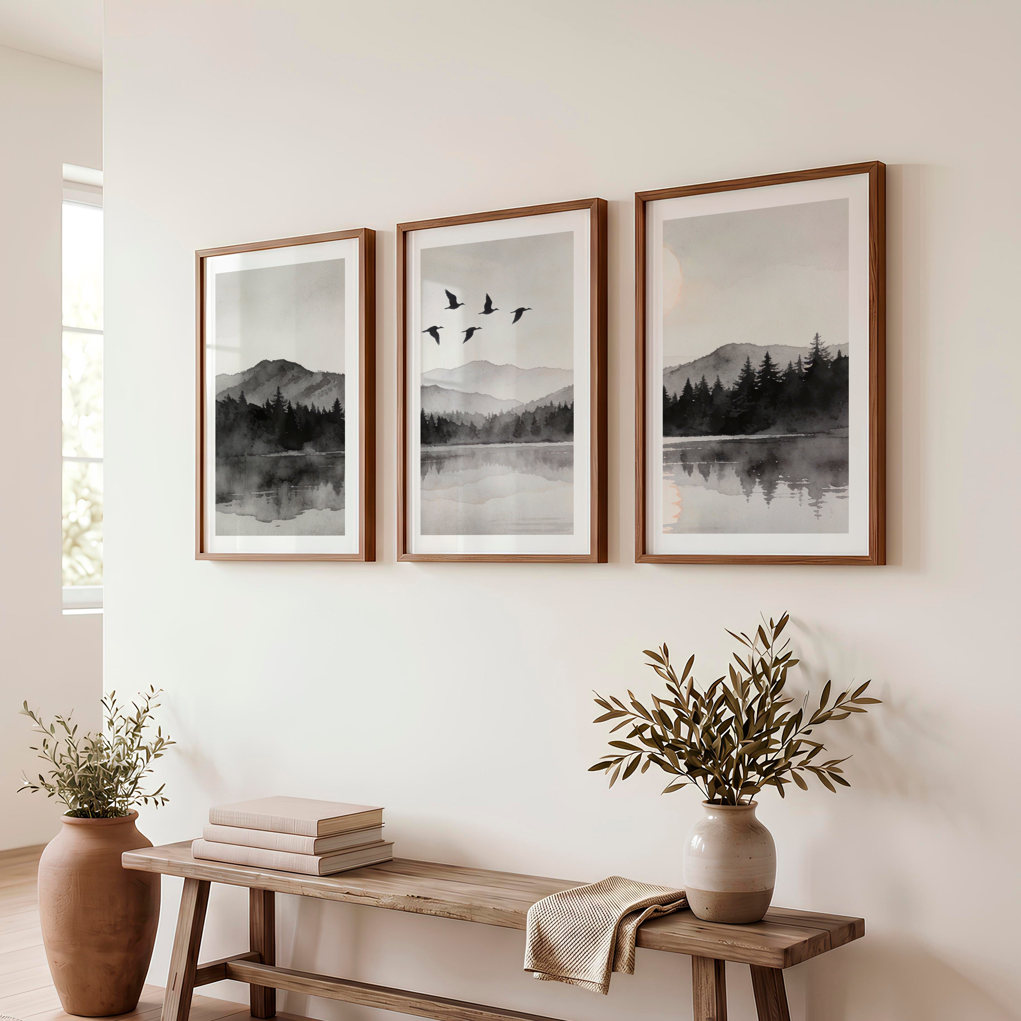 Moonlit Mountain Lake in Japandi Decor Style - Dark Brown Framed Poster with White Border - Artworksets