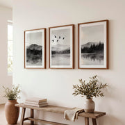 Moonlit Mountain Lake in Japandi Decor Style - Dark Brown Framed Poster with White Border - Artworksets