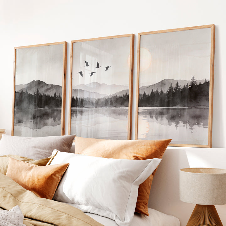 Moonlit Mountain Lake in Japandi Decor Style - Natural Wood Framed Poster No Border - Artworksets