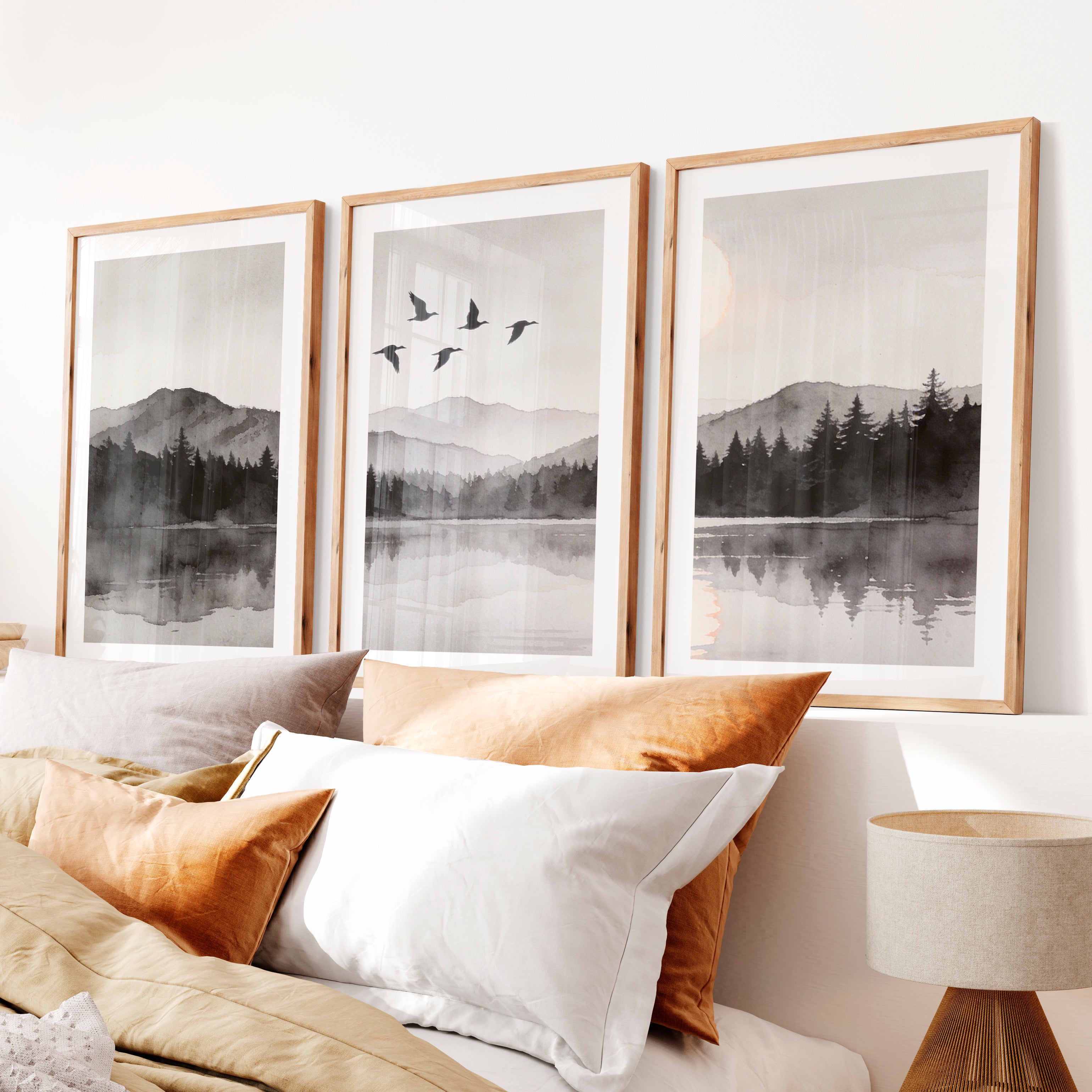 Moonlit Mountain Lake in Japandi Decor Style- Natural Wood Framed Poster with White Border - Artworksets