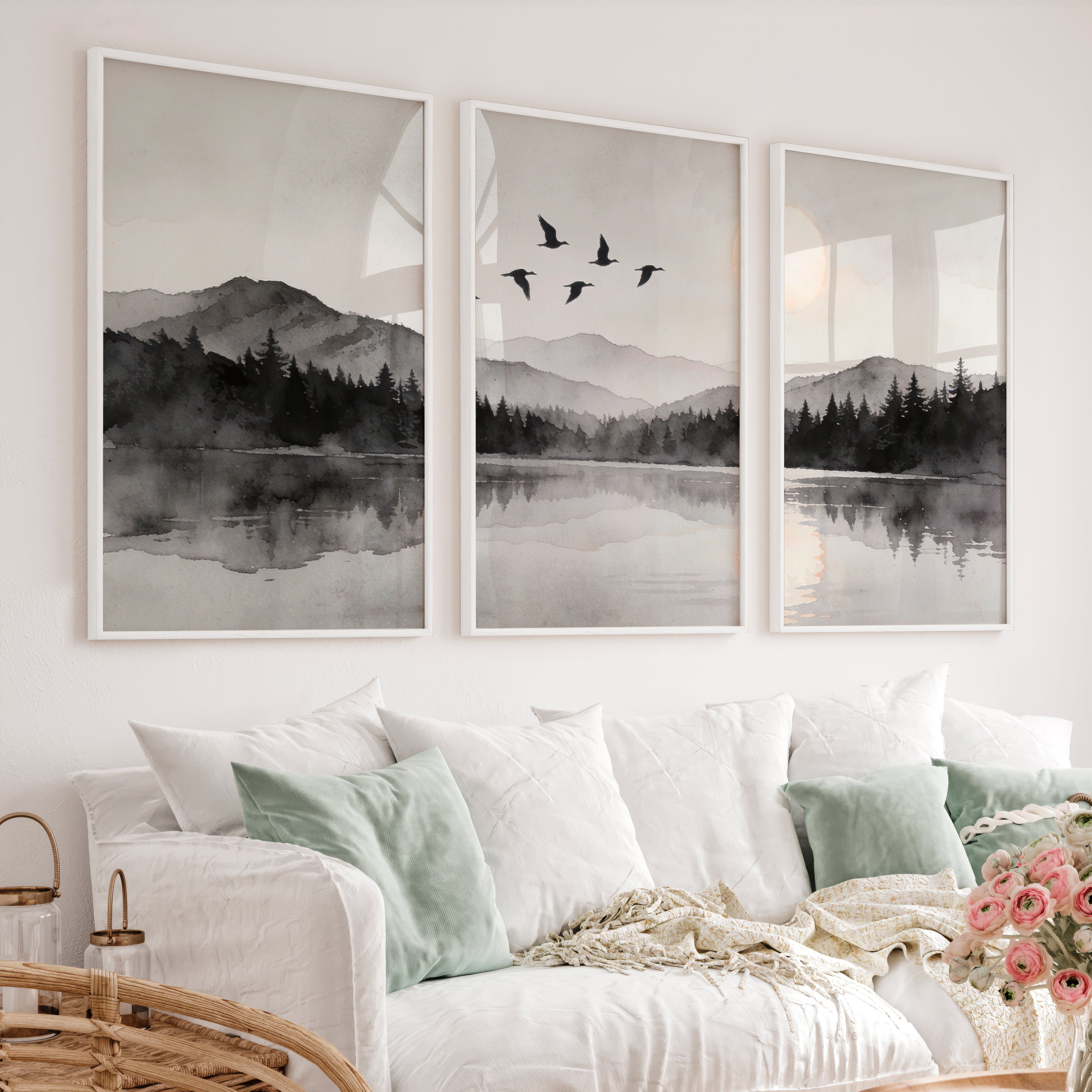 Moonlit Mountain Lake in Japandi Decor Style - White Framed Poster No Border - Artworksets