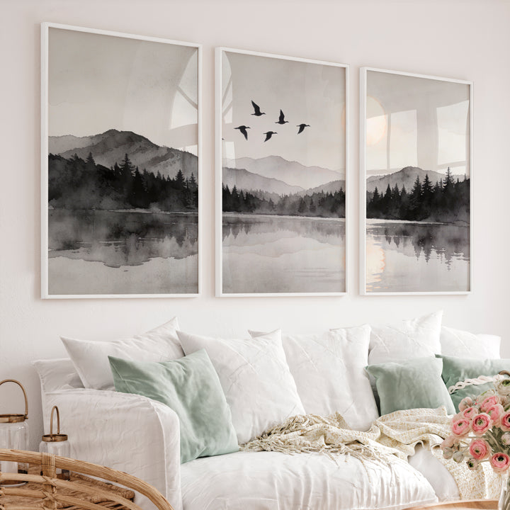 Moonlit Mountain Lake in Japandi Decor Style - White Framed Poster No Border - Artworksets