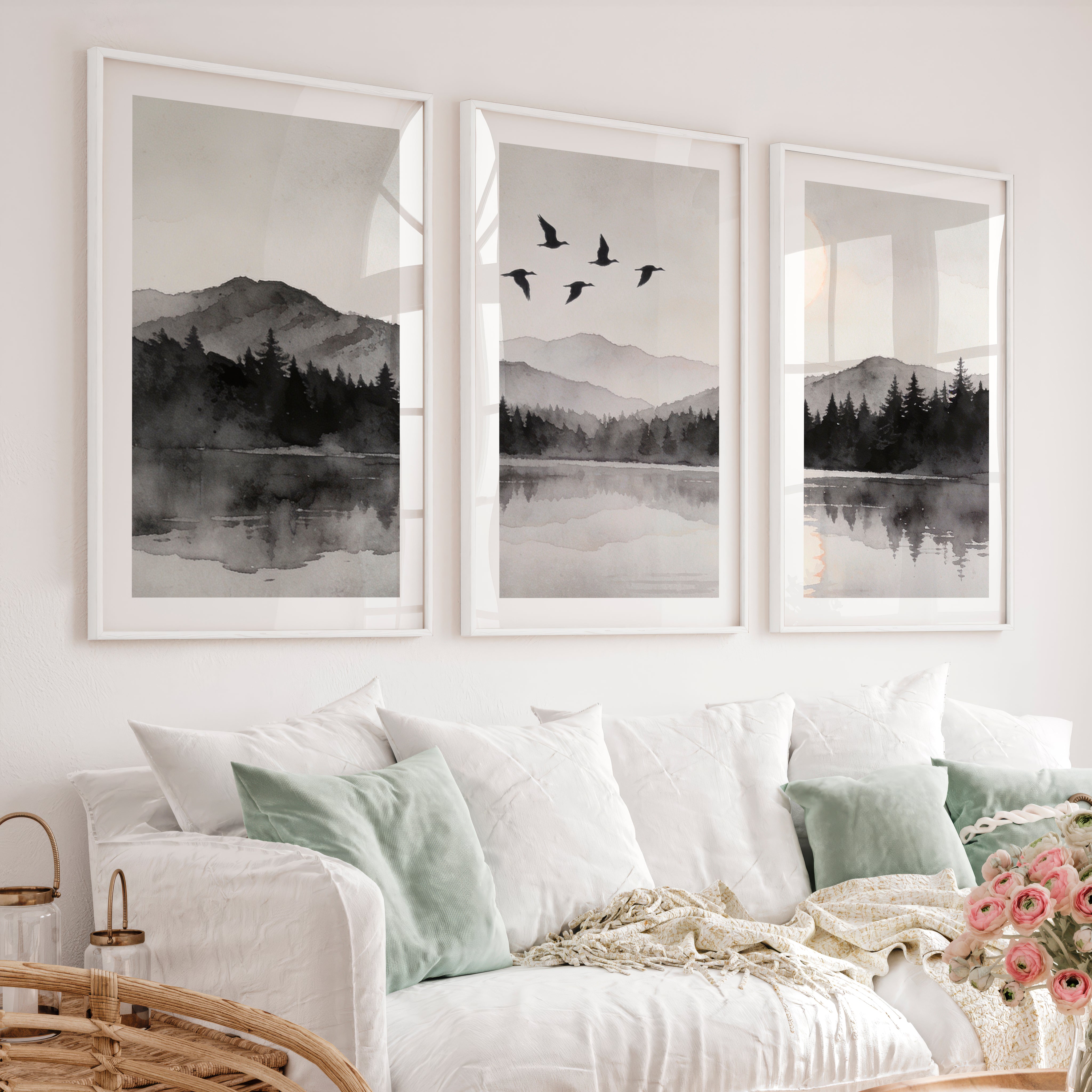 Moonlit Mountain Lake in Japandi Decor Style - White Framed Poster with White Border - Artworksets