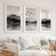 Moonlit Mountain Lake in Japandi Decor Style - White Framed Poster with White Border - Artworksets