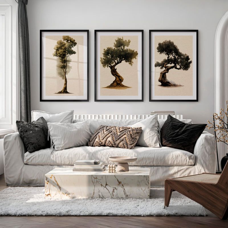 Olive Tree Study in japandi decor style - Black Framed Poster with White Border - Artworksets