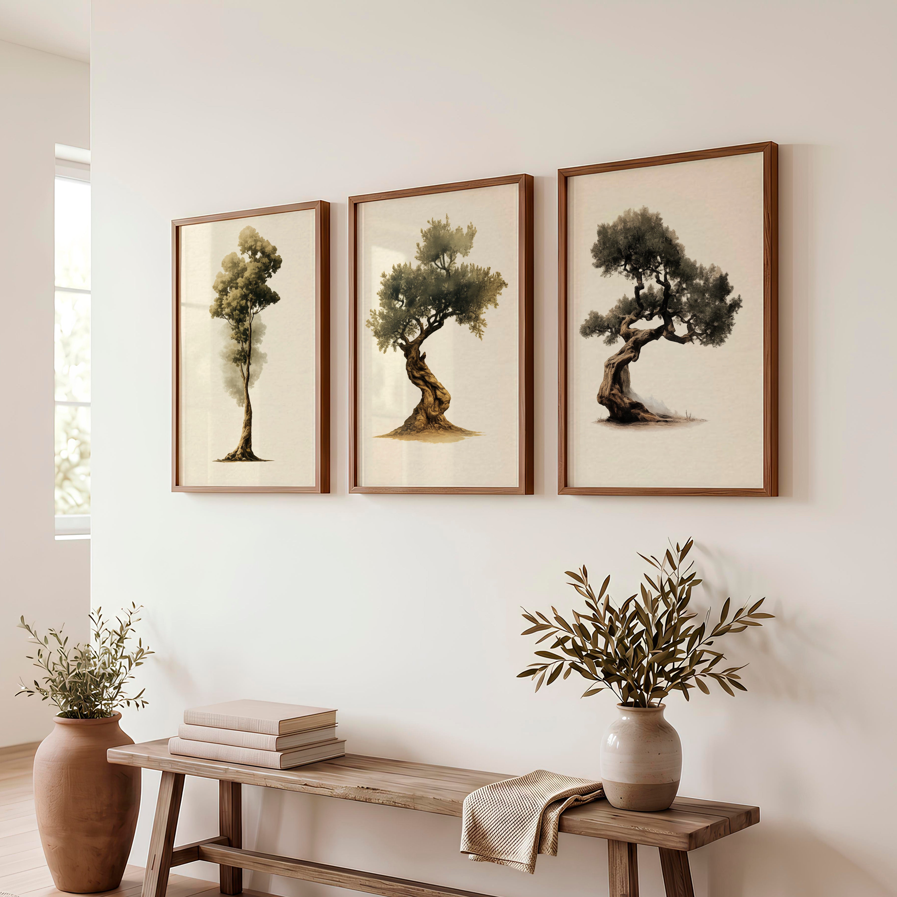 Olive Tree Study in japandi decor style - Dark Brown Framed Poster No Border - Artworksets