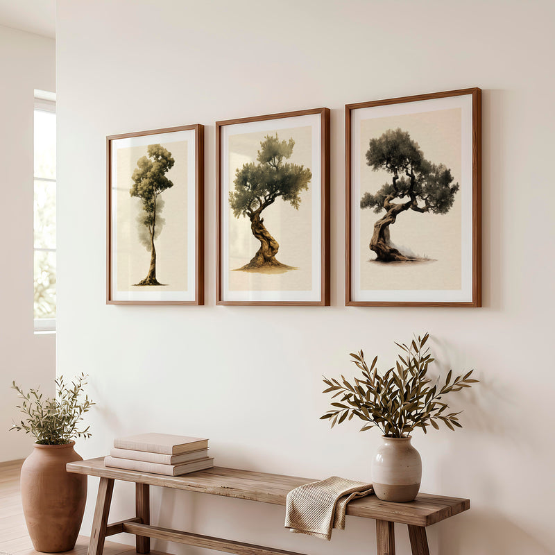 Olive Tree Study in japandi decor style - Dark Brown Framed Poster with White Border - Artworksets