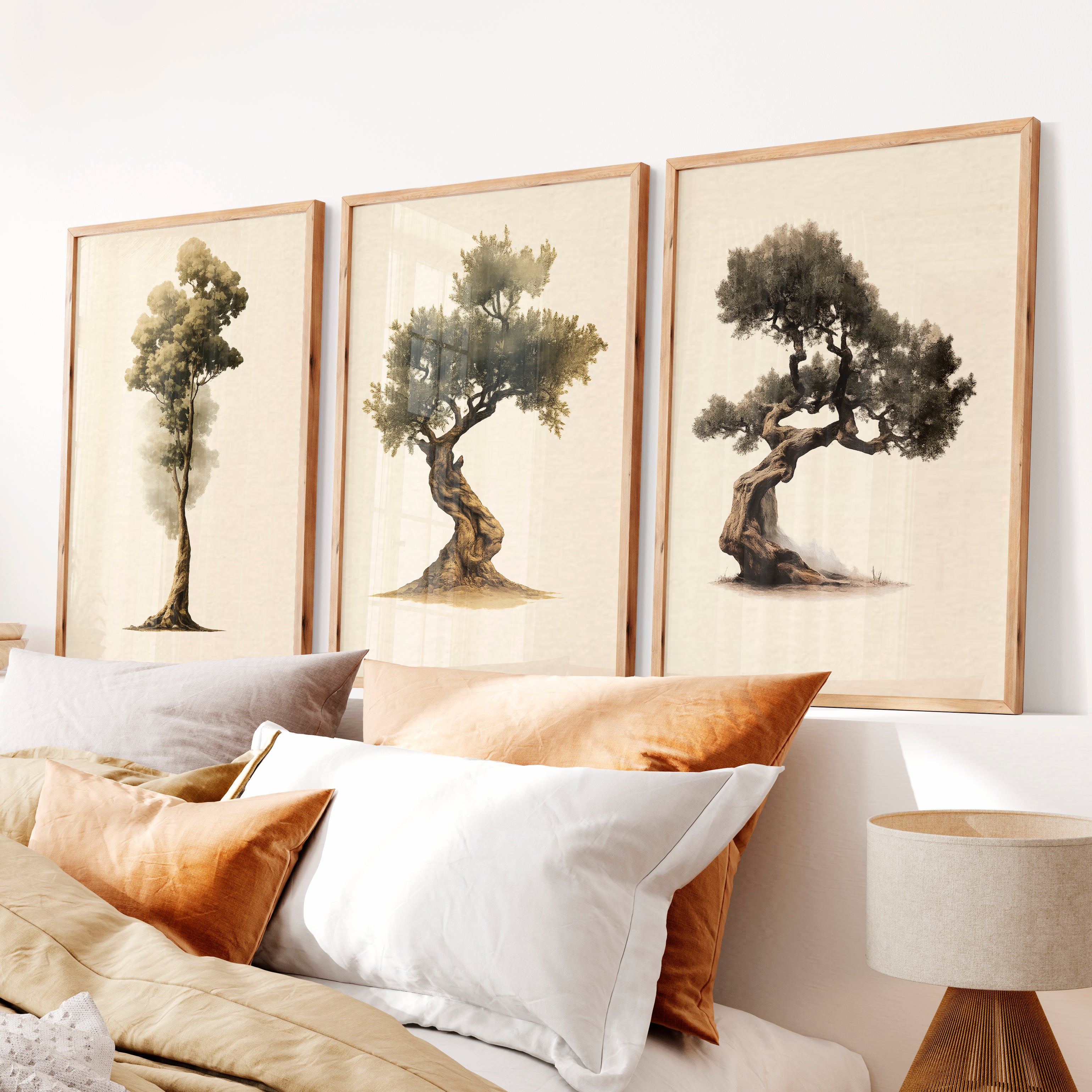 Olive Tree Study in japandi decor style - Natural Wood Framed Poster No Border - Artworksets