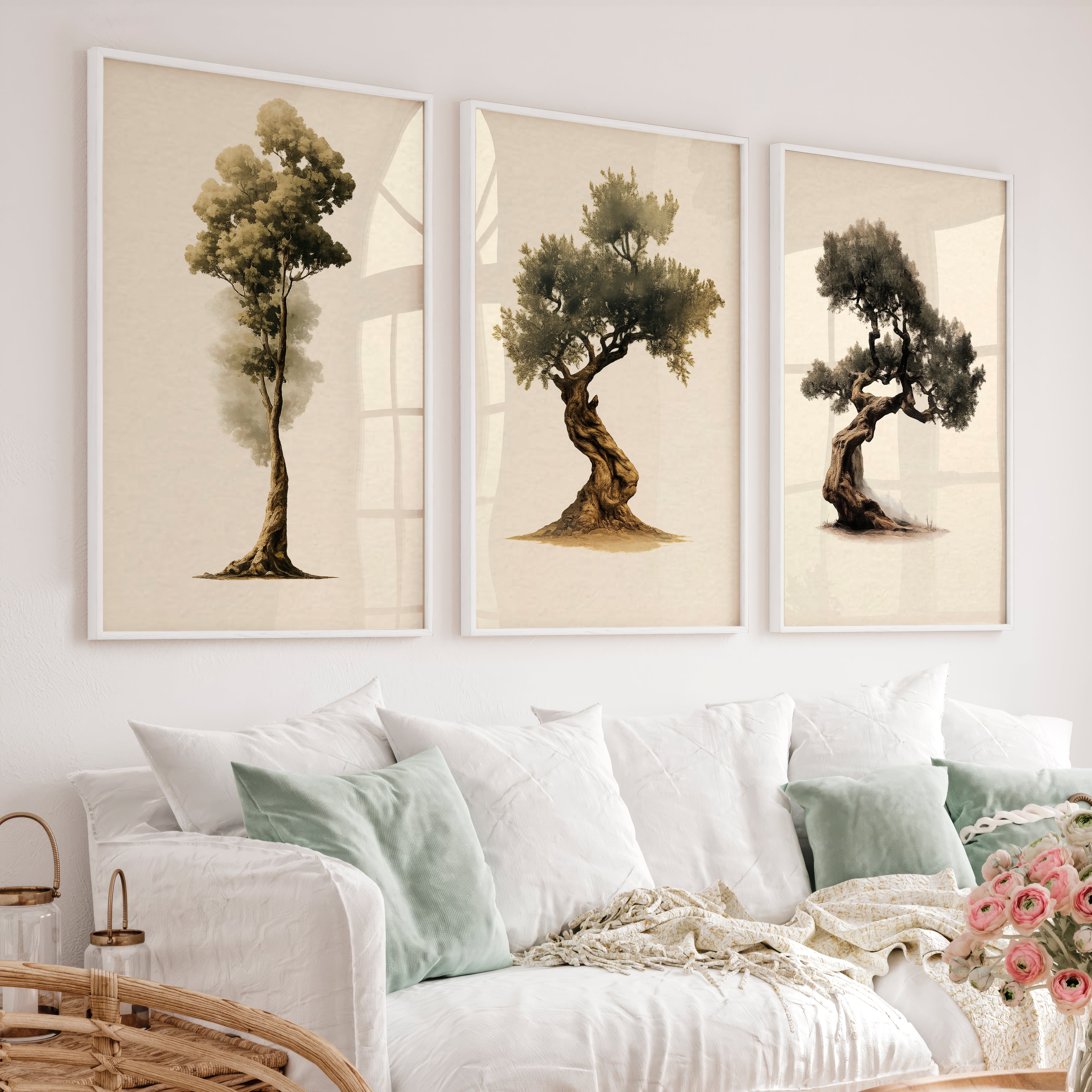 Olive Tree Study in japandi decor style - White Framed Poster No Border - Artworksets