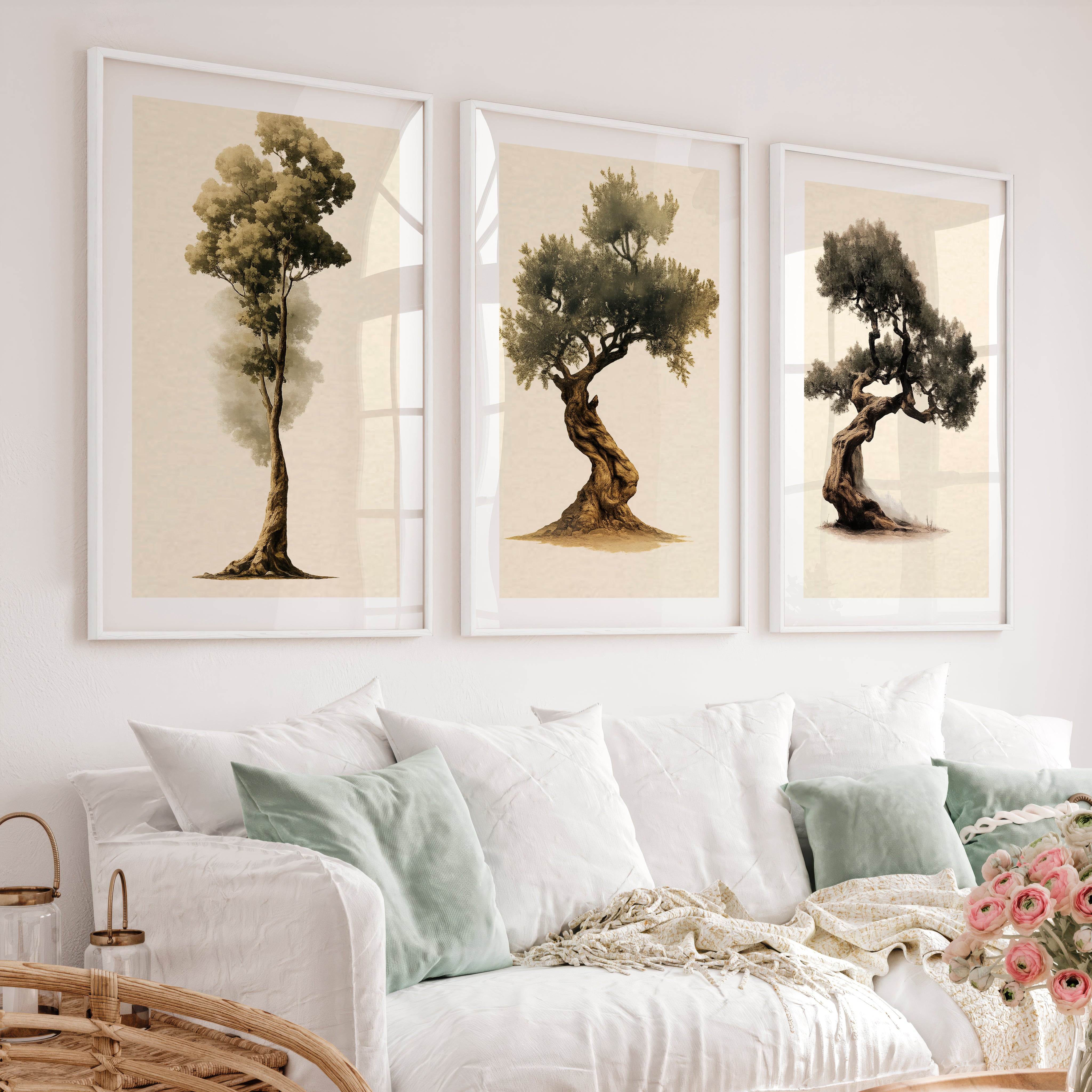 Olive Tree Study in japandi decor style - White Framed Poster with White Border - Artworksets