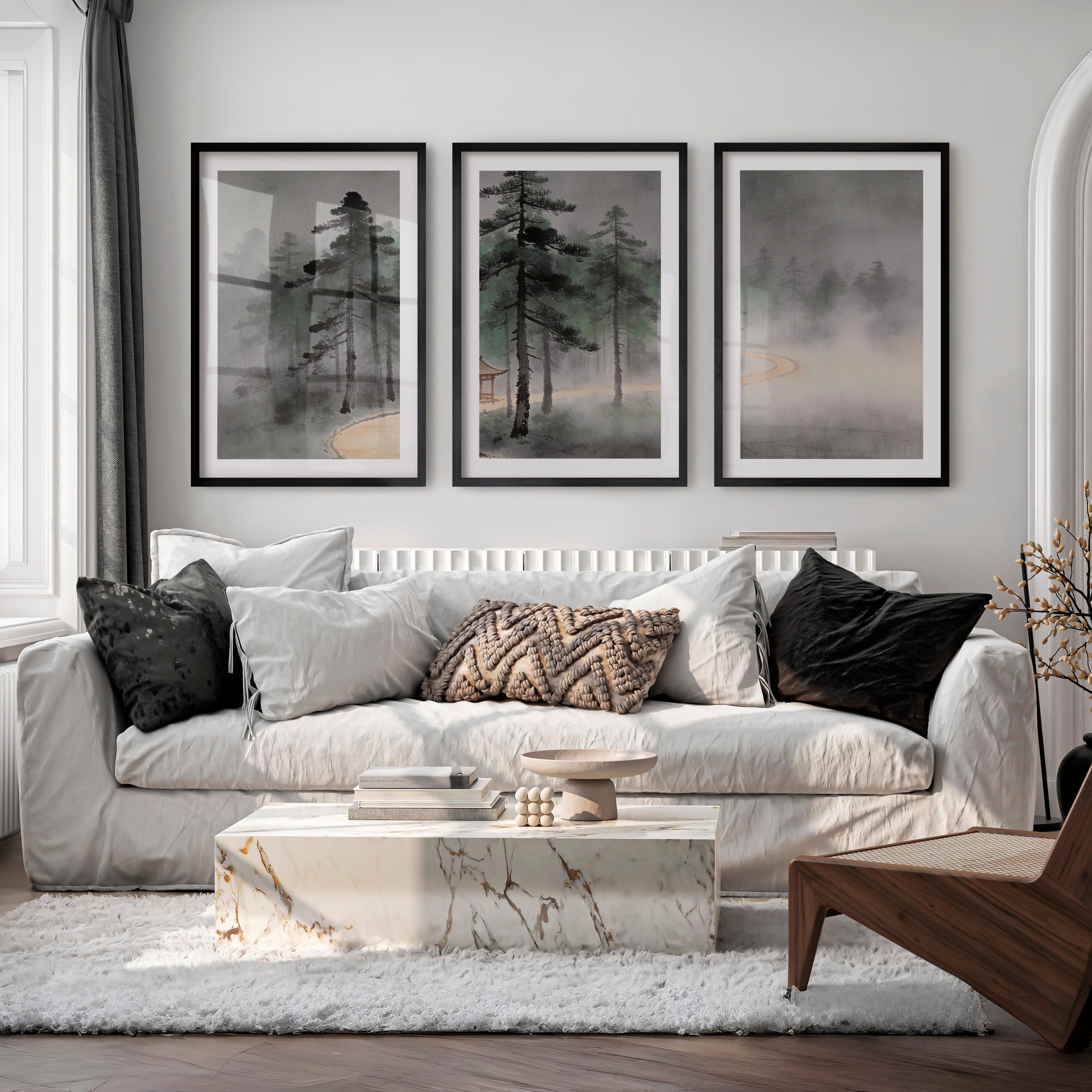 Misty Pine Pavilion for japandi decoration - Black Framed Poster with White Border - Artworksets