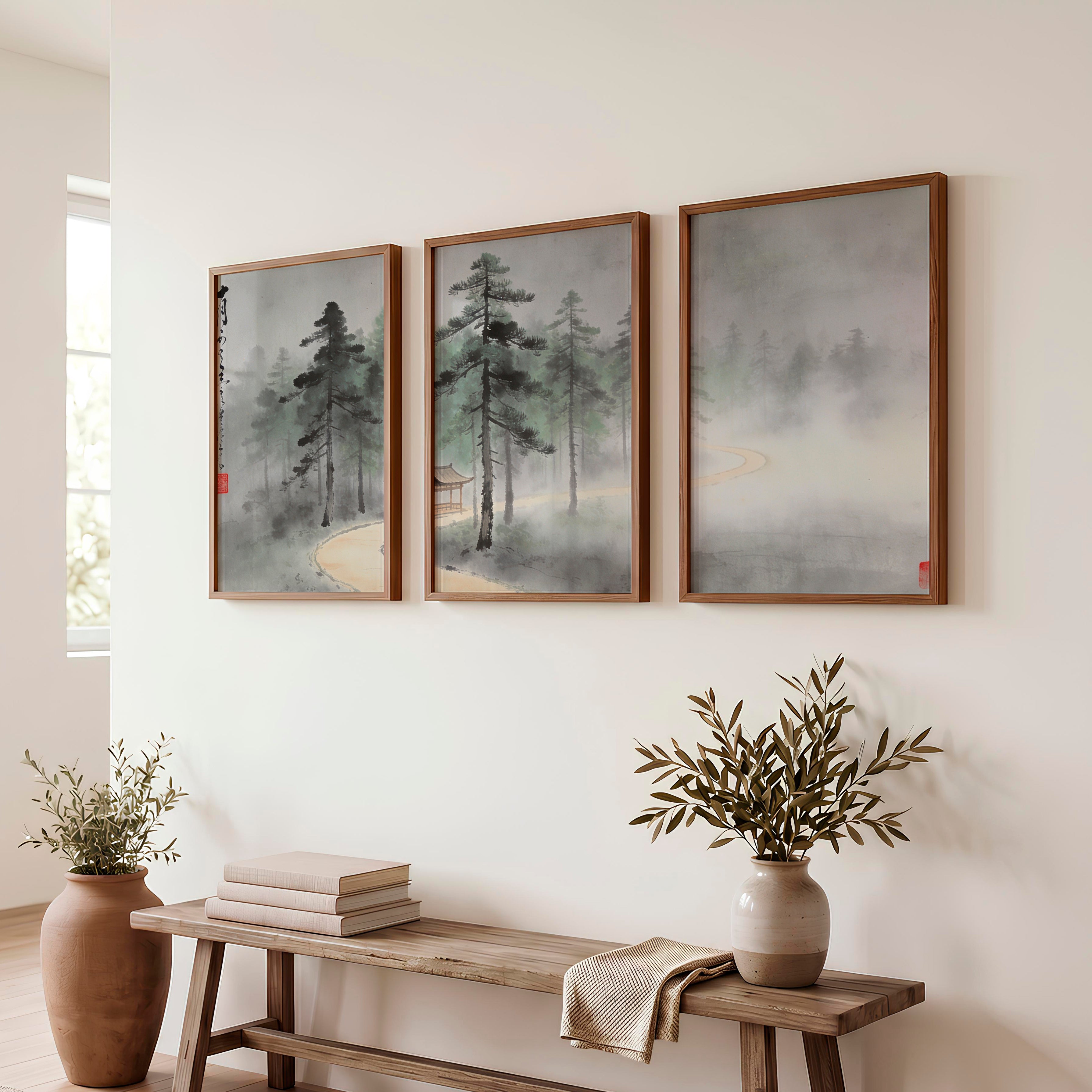 Misty Pine Pavilion for japandi decoration - Dark Brown Framed Poster No Border - Artworksets