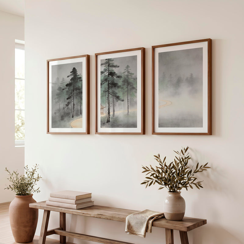 Misty Pine Pavilion for japandi decoration - Dark Brown Framed Poster with White Border - Artworksets